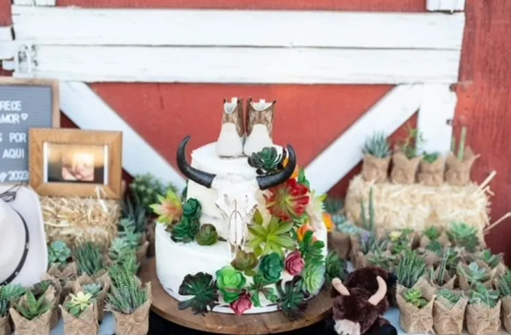 Baby shower cake table — Rancho Lagunas outdoor ranch event venue in Bloomington, California